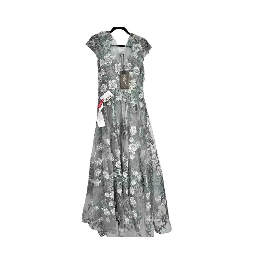 Mac Duggal NWT Seamist Green / Gray Floral Embroidered Maxi Gown 20294 - Picture 12 of 16